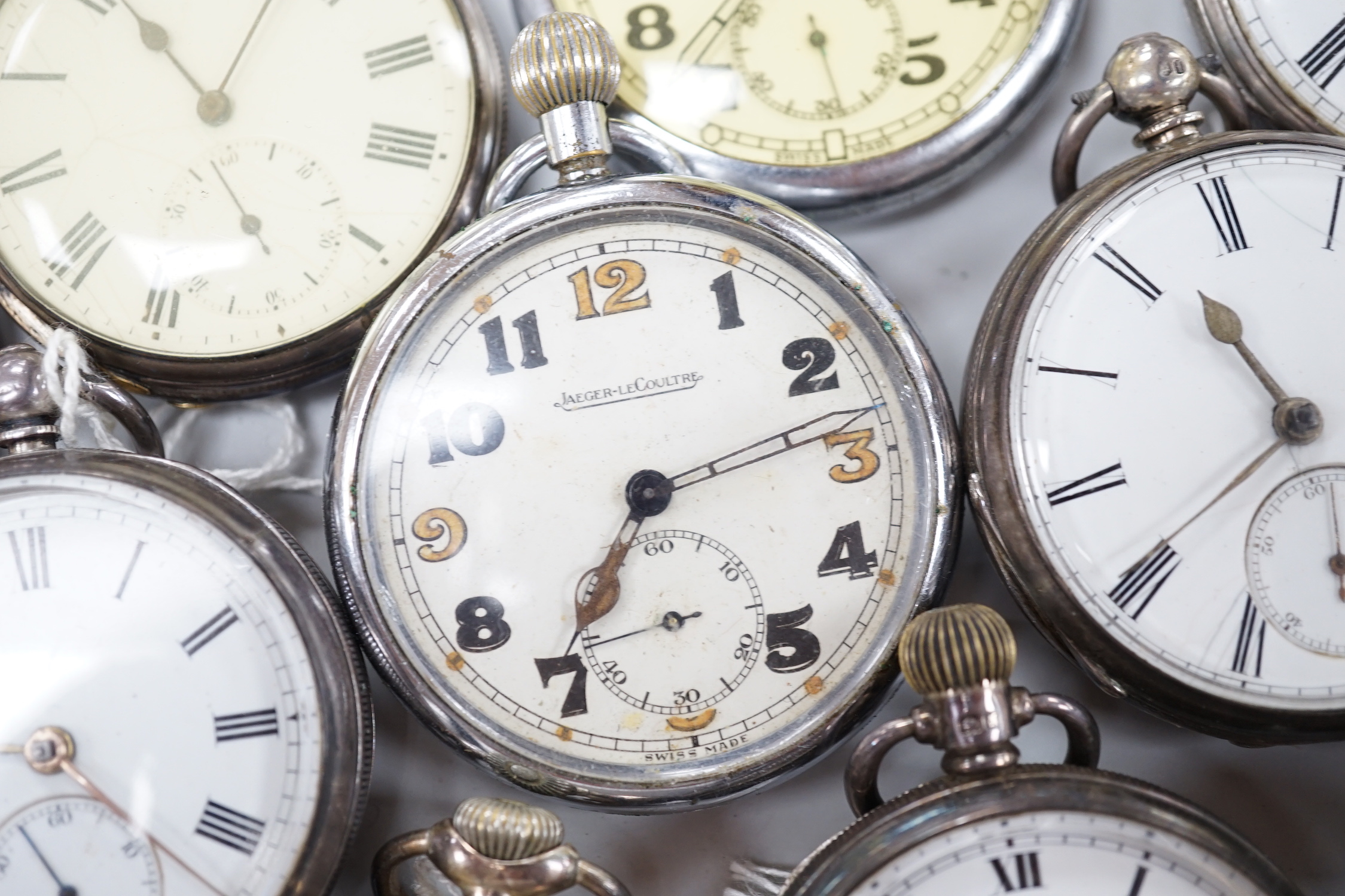 Fourteen assorted mainly base metal pocket watches including two Jaeger LeCoultre and a chronograph.